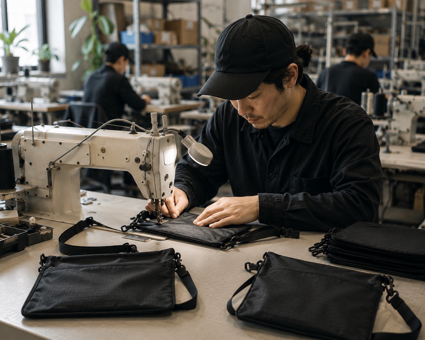 工場で黒いサコッシュを縫製している様子